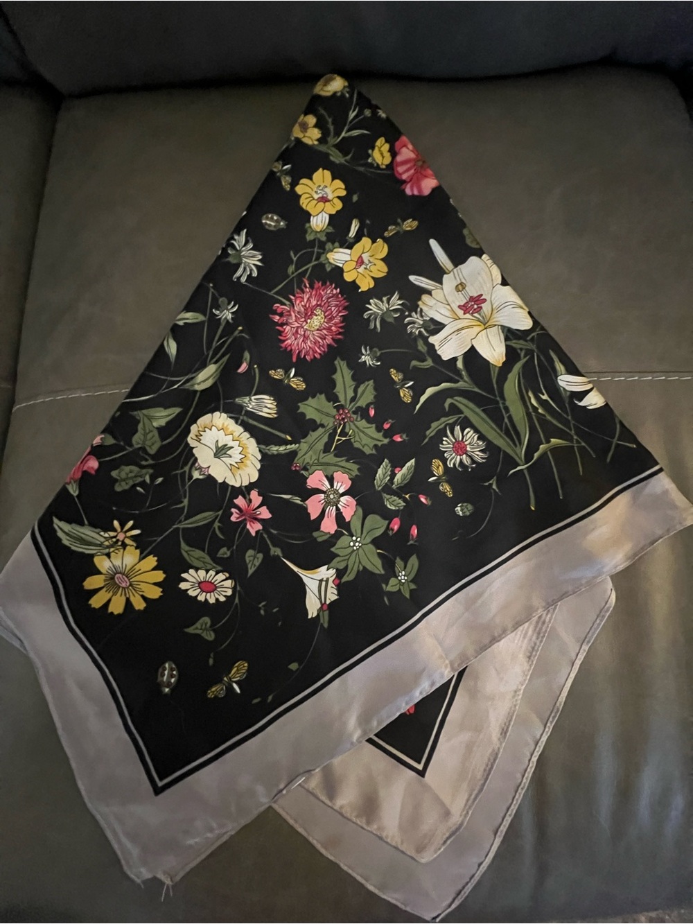 Black Floral Silk Scarf with Pale Gray Border